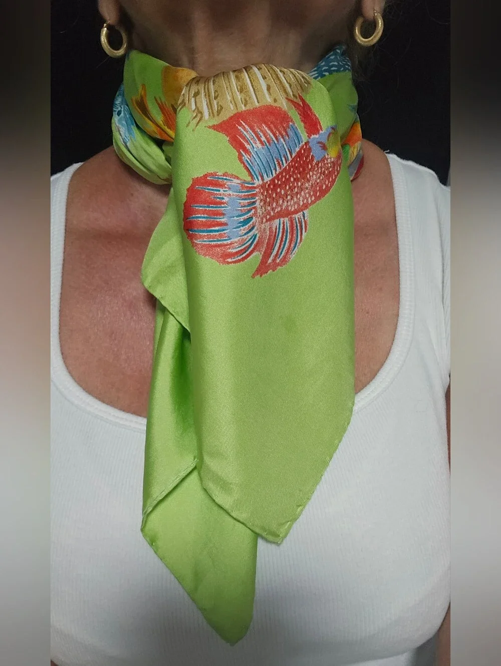 SOLD - Talbots Lime Green 100% Silk Scarf with Colorful Fish Motif 35x35